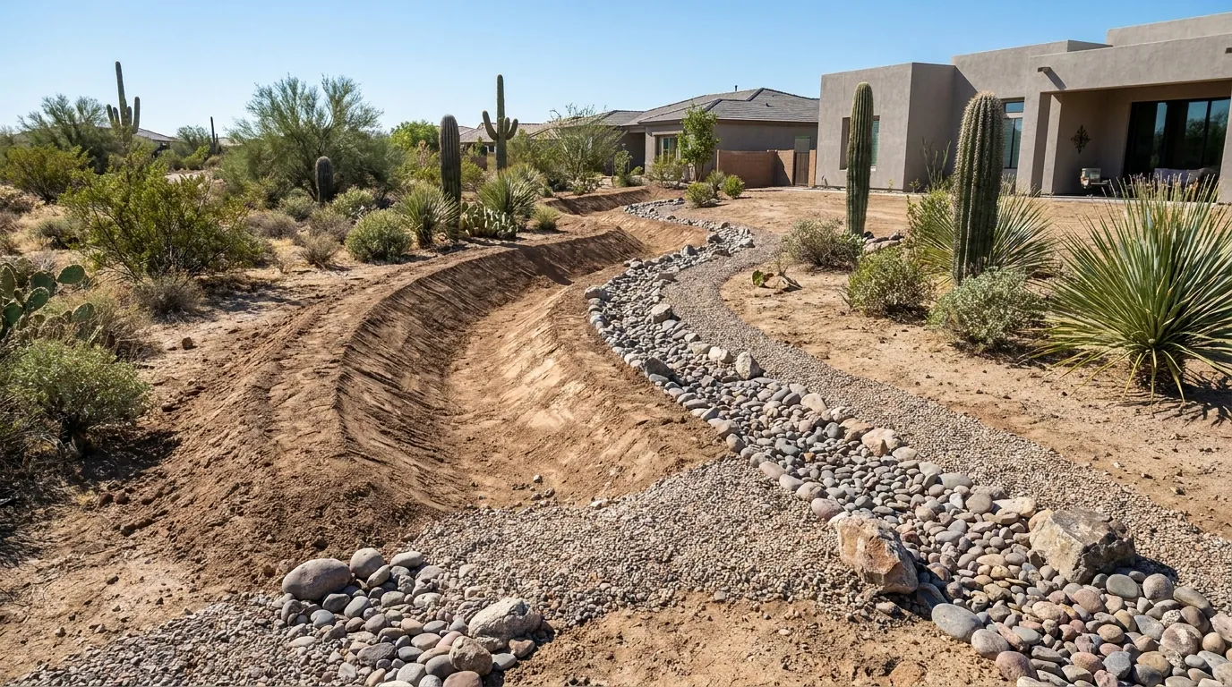 Drainage excavation on a residential lot in Chandler, Arizona