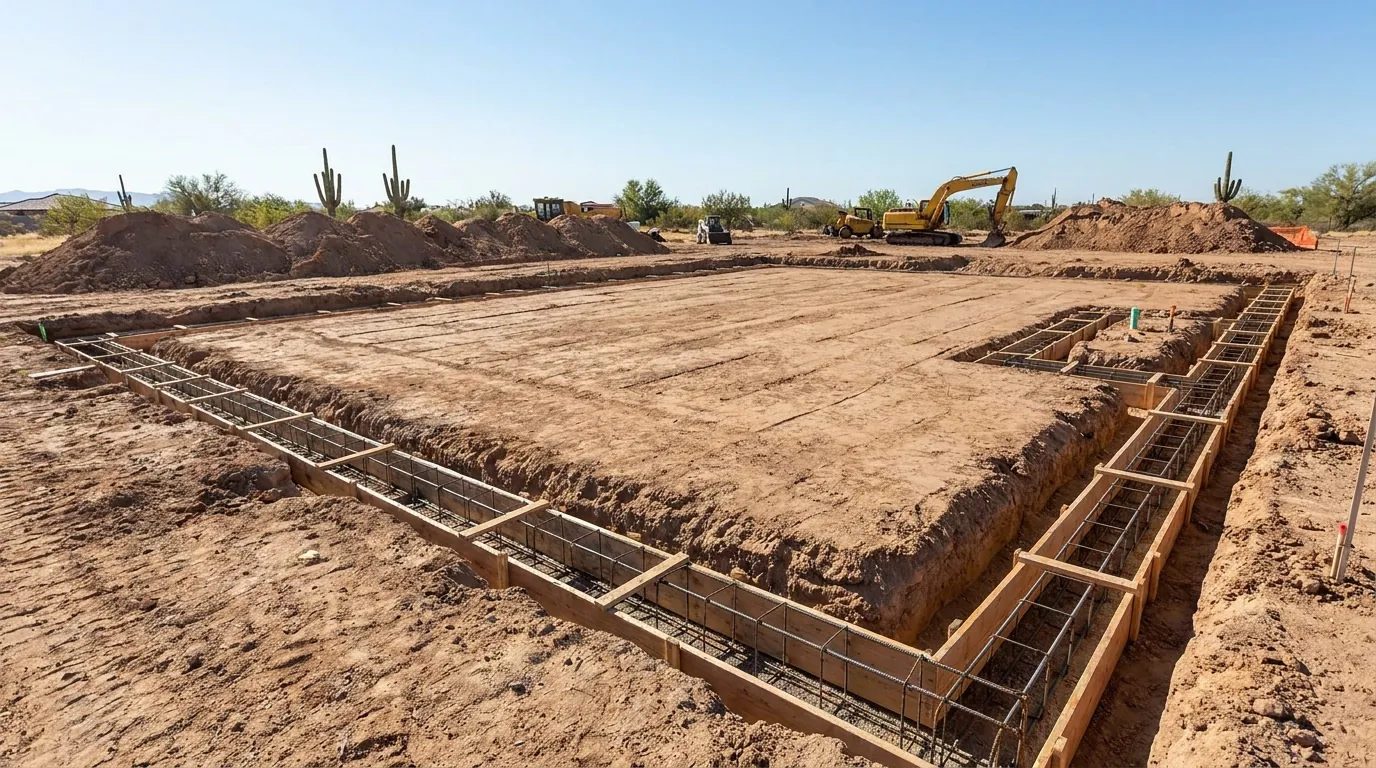 Excavated foundation pad and footings on a Gilbert, Arizona building site