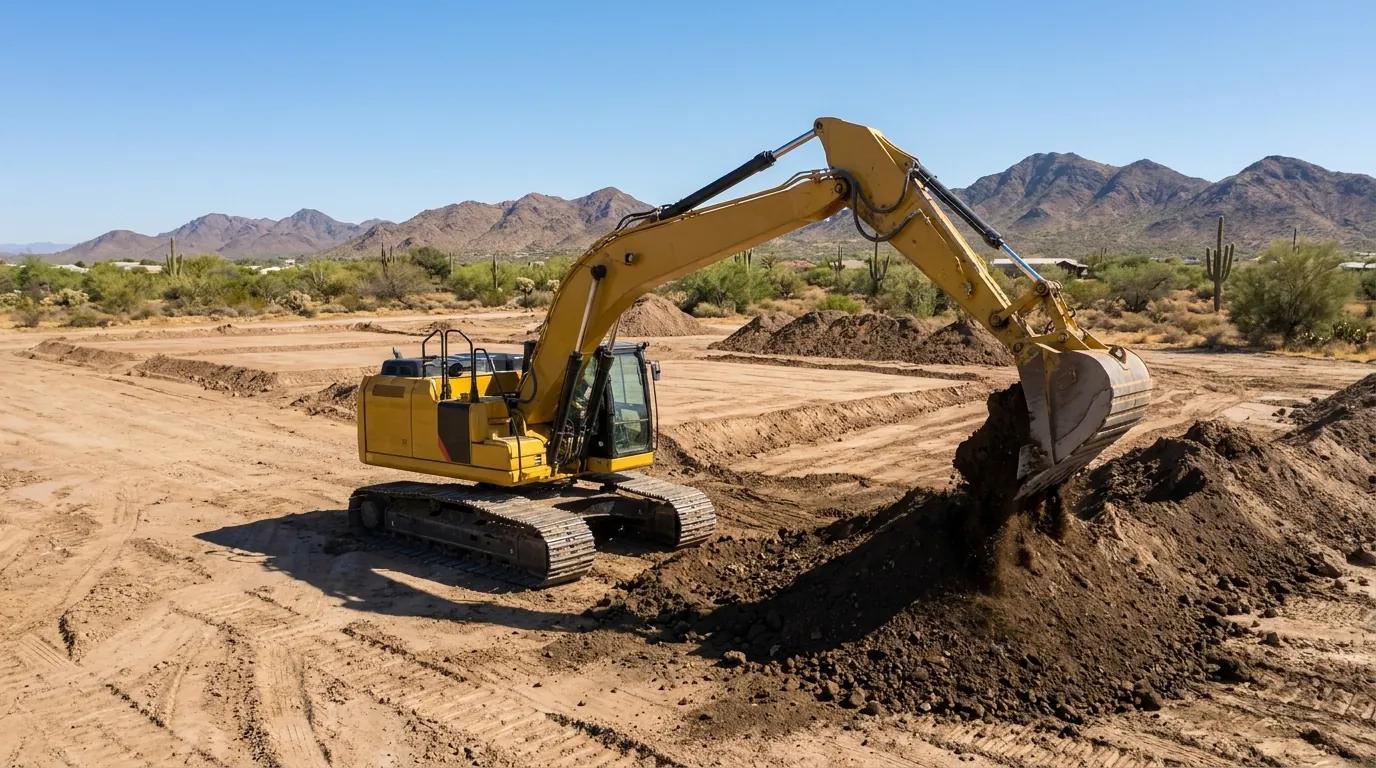 Excavator moving soil on a graded lot in Gilbert, Arizona