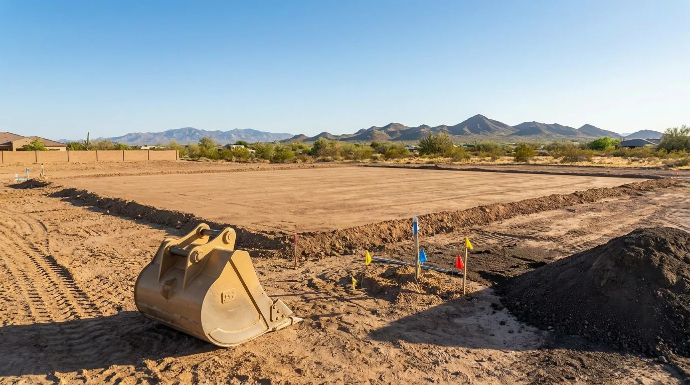 Site grading on a new-build lot in San Tan Valley, Arizona